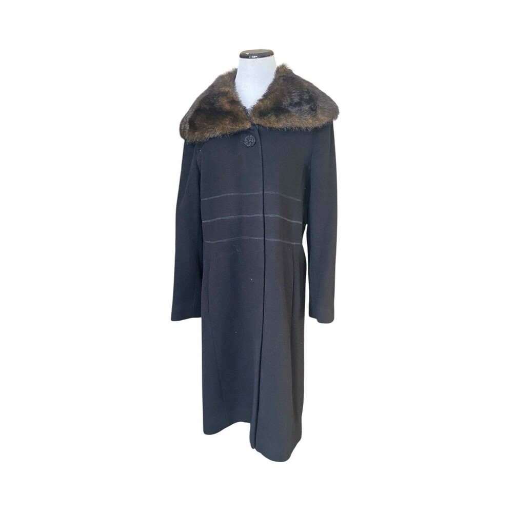 Vintage 60s Wool Cashmere Blend Coat Size 14 Black Faux Fur Mid Century Mod Glam